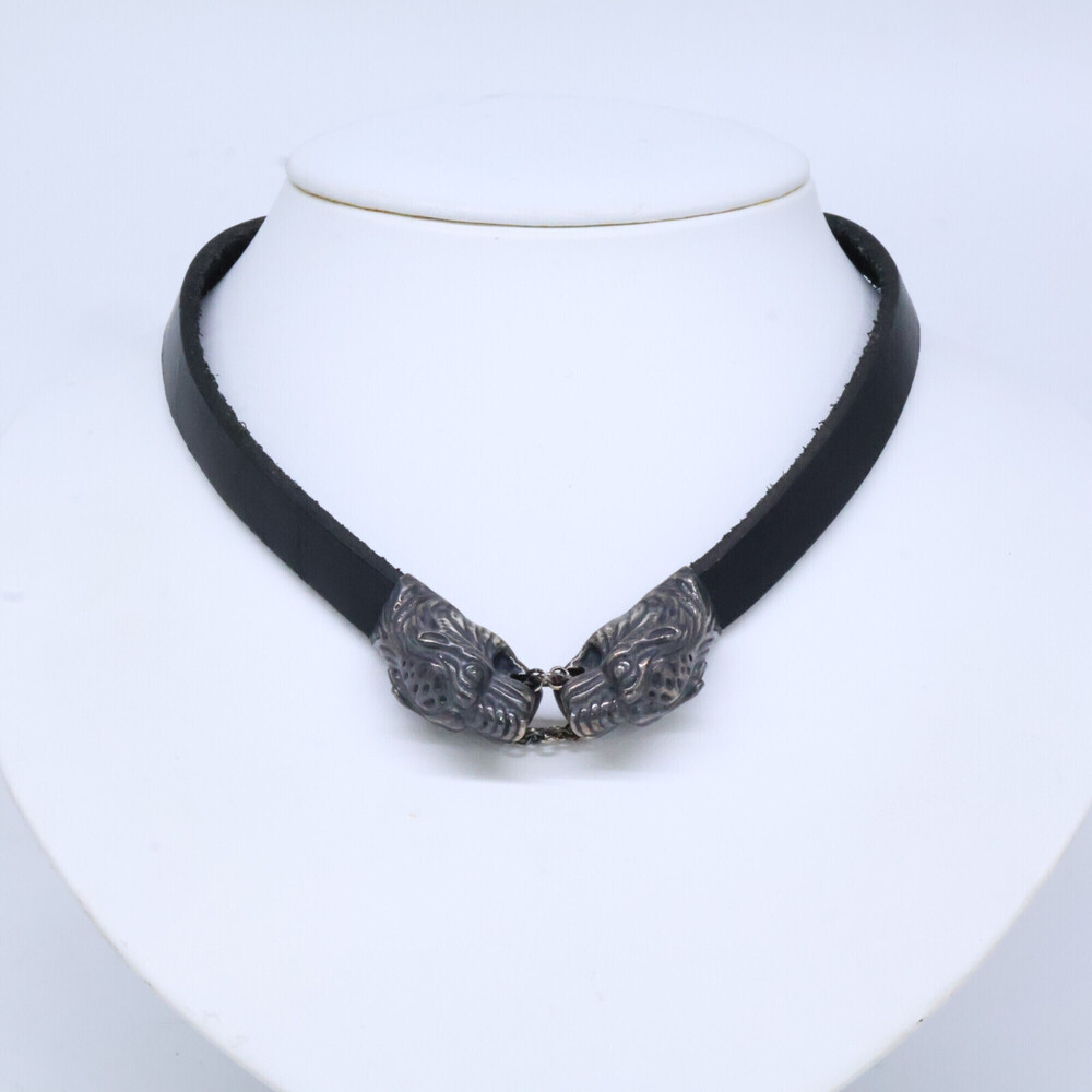 GUCCI Ag925 Double Tiger Head Leather Choker, Black, Women's - Picture 9 of 9